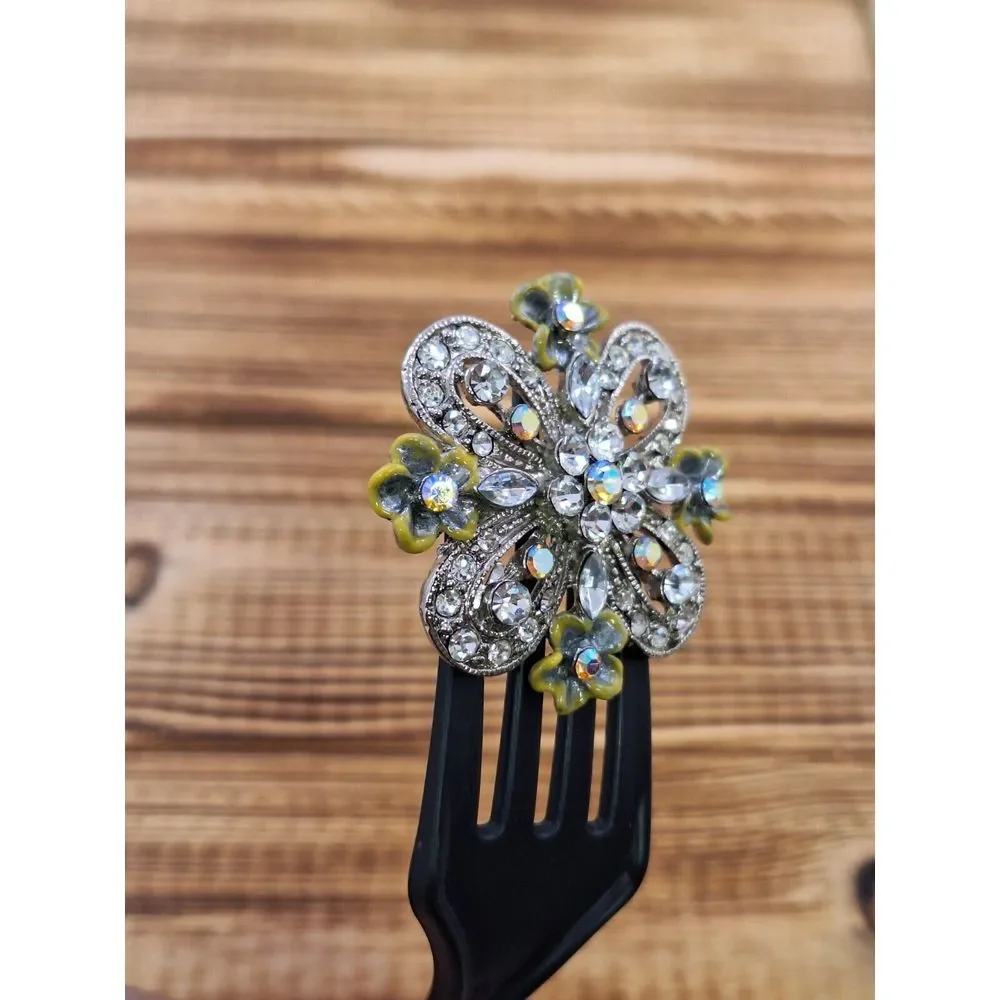 Vintage Rhinestone Brooch With Enamel Flowers Silver Tone 1.5